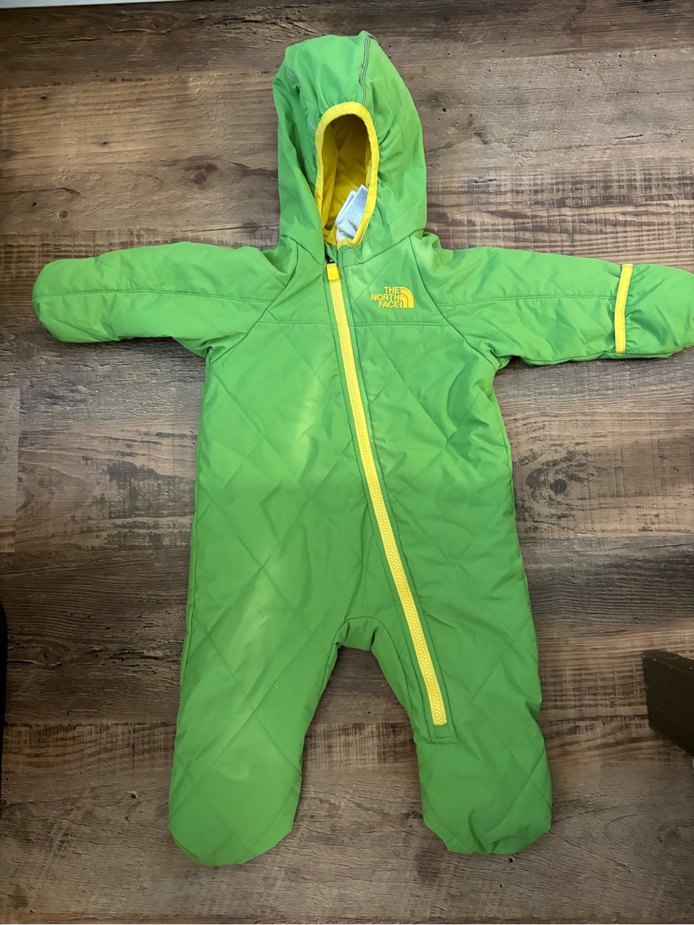 The North Face Bright Green Infant Hooded Snowsuit with Yellow Trim